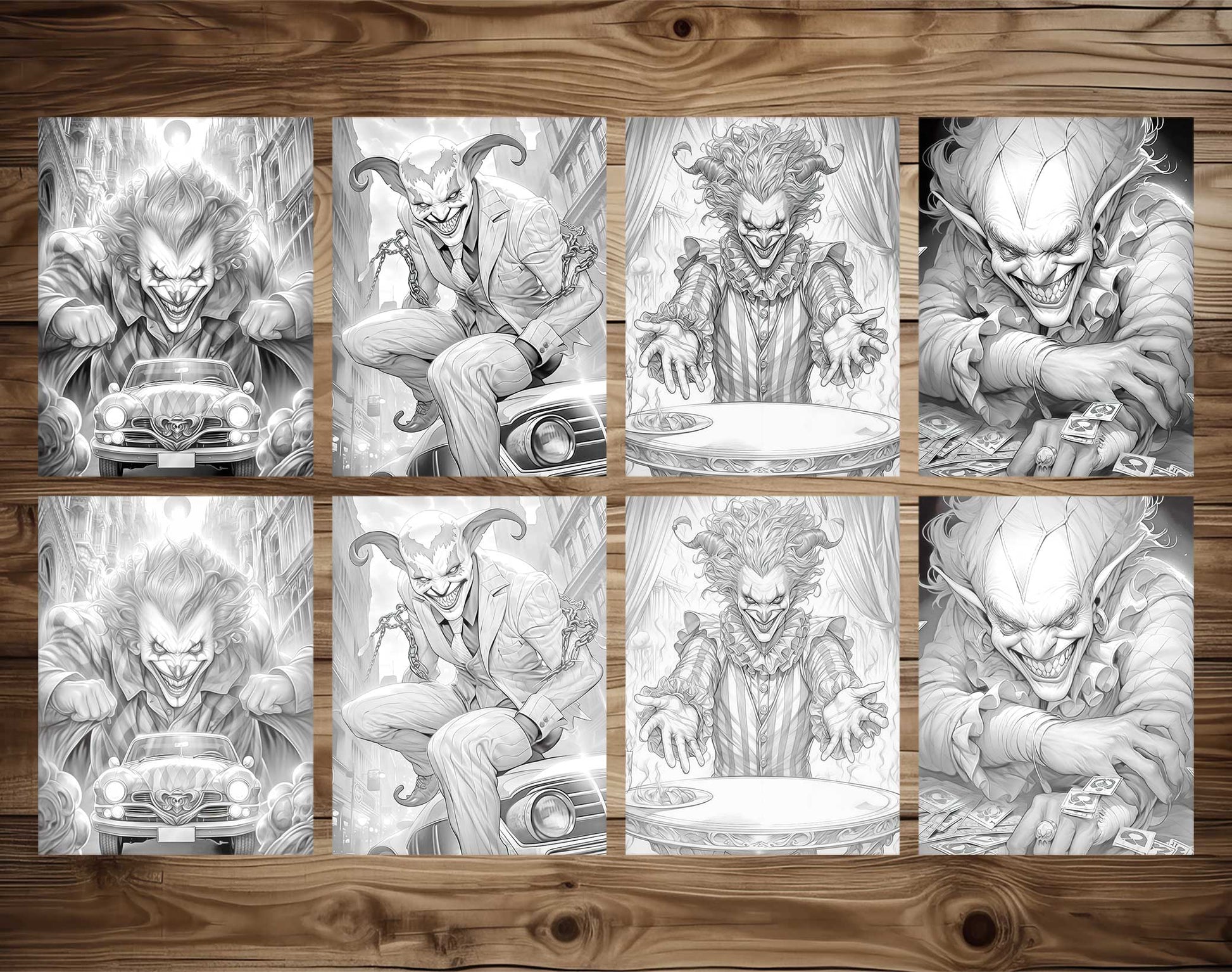 25 Devil Clowns Grayscale Coloring Pages - Halloween Coloring - Instant Download - Printable PDF Dark/Light – preview 3