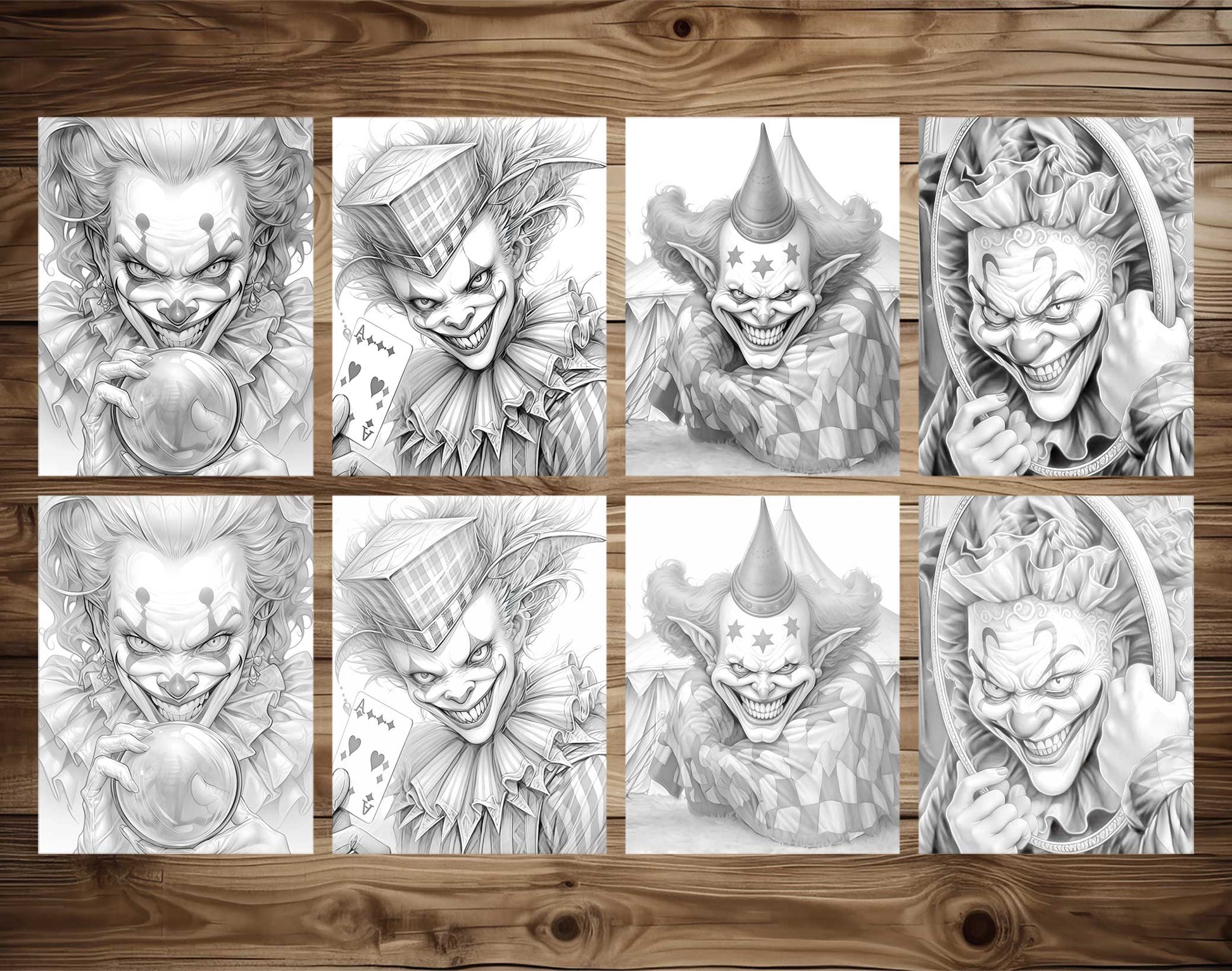 25 Devil Clowns Grayscale Coloring Pages - Halloween Coloring - Instant Download - Printable PDF Dark/Light – preview 4