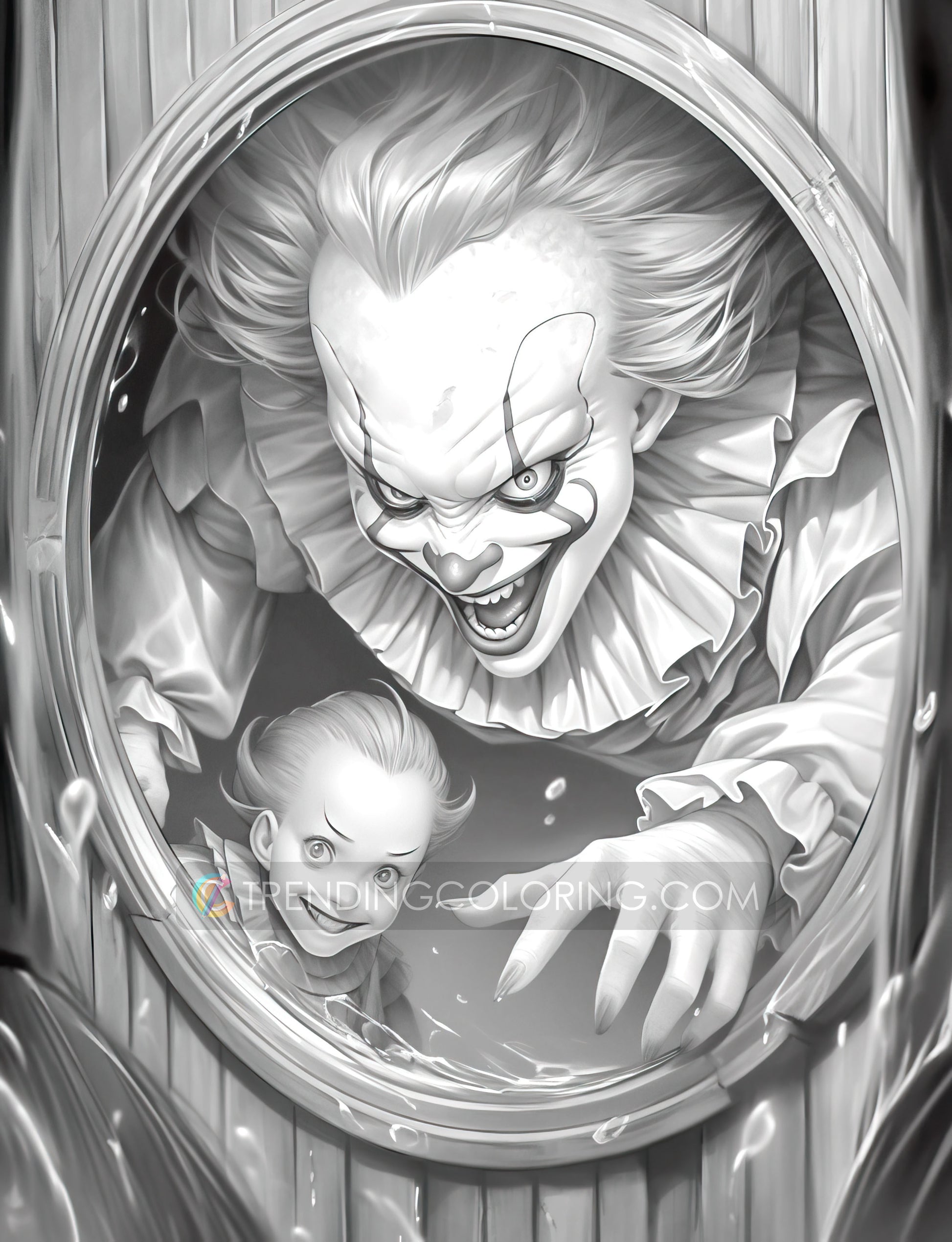 25 Devil Clowns Grayscale Coloring Pages - Halloween Coloring - Instant Download - Printable PDF Dark/Light – preview 7