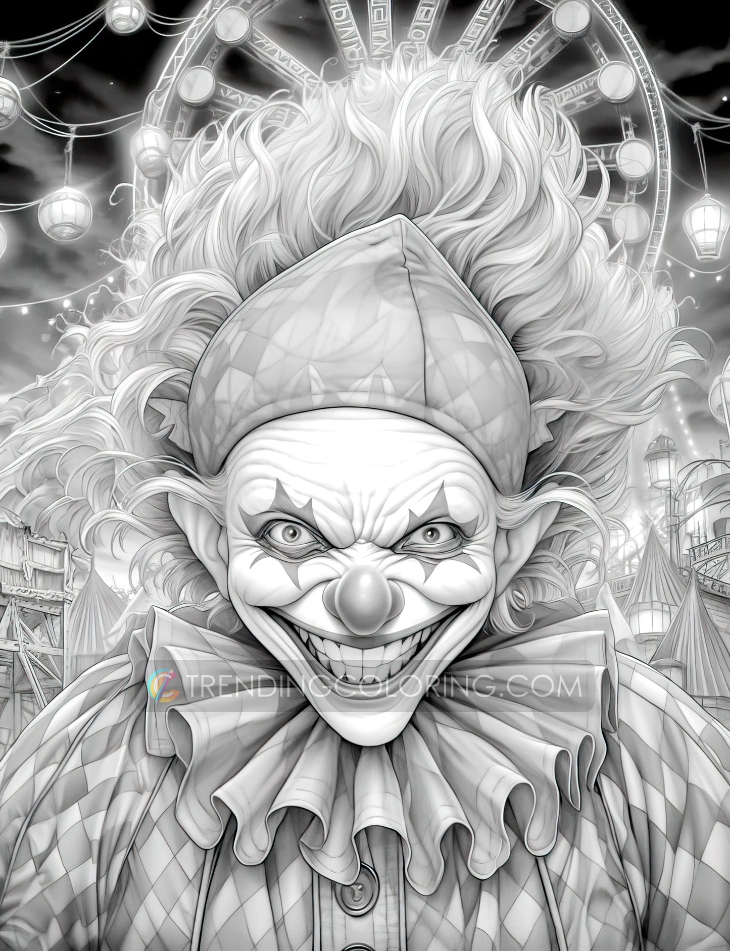 25 Devil Clowns Grayscale Coloring Pages - Halloween Coloring - Instant Download - Printable PDF Dark/Light – preview 8
