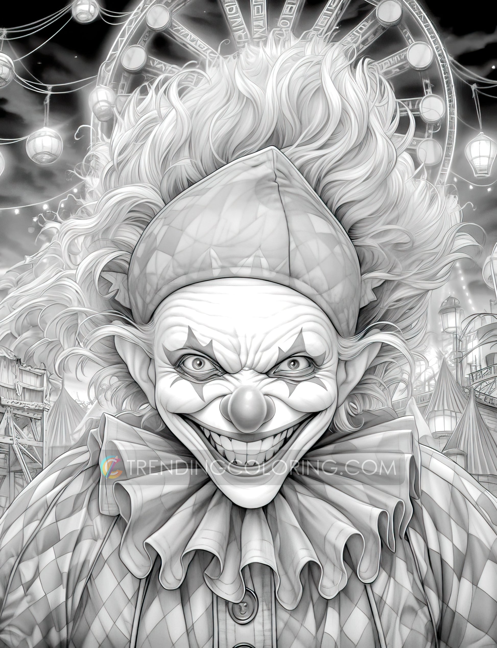 25 Devil Clowns Grayscale Coloring Pages - Halloween Coloring - Instant Download - Printable PDF Dark/Light – preview 8