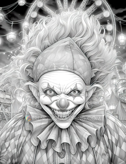 25 Devil Clowns Grayscale Coloring Pages - Halloween Coloring - Instant Download - Printable PDF Dark/Light – preview 8