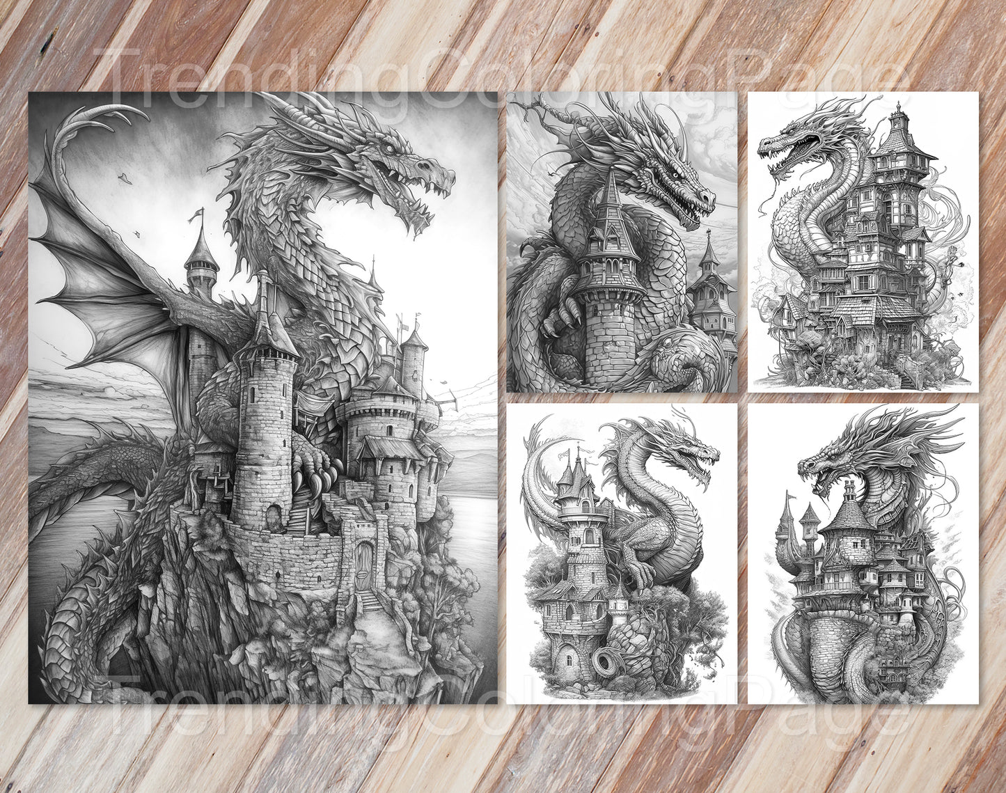 25 Dragon Castle Grayscale Coloring Pages - Instant Download - Printable PDF Dark/Light – preview 2