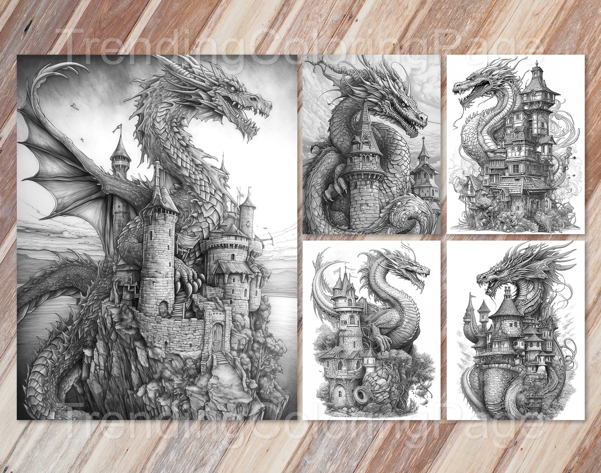 25 Dragon Castle Grayscale Coloring Pages - Instant Download - Printable PDF Dark/Light – preview 2