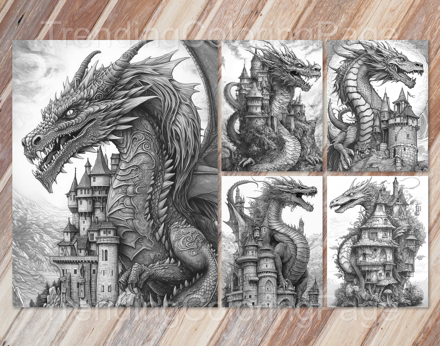 25 Dragon Castle Grayscale Coloring Pages - Instant Download - Printable PDF Dark/Light – preview 3