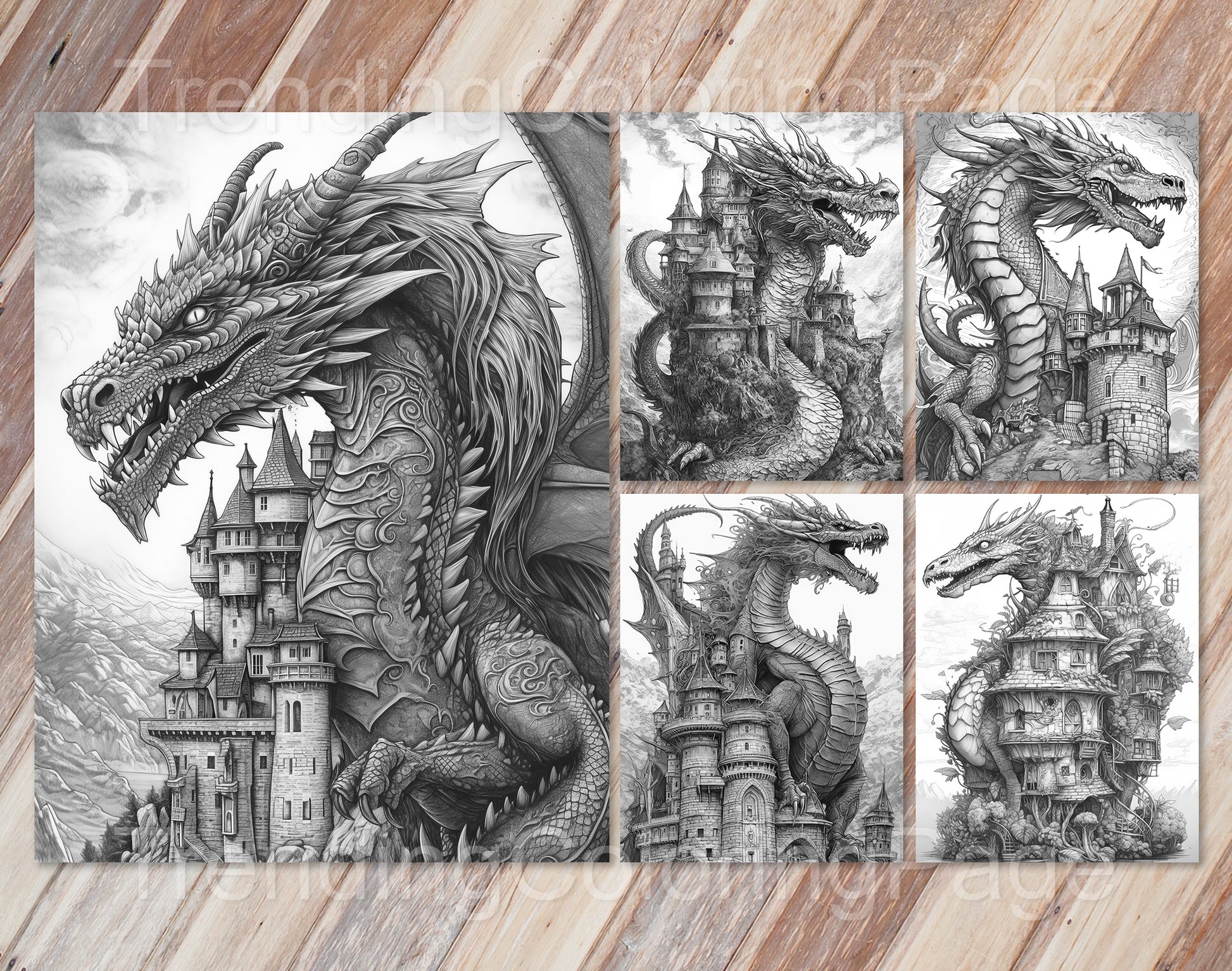 25 Dragon Castle Grayscale Coloring Pages - Instant Download - Printable PDF Dark/Light – preview 3