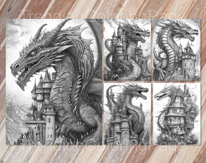 25 Dragon Castle Grayscale Coloring Pages - Instant Download - Printable PDF Dark/Light – preview 3