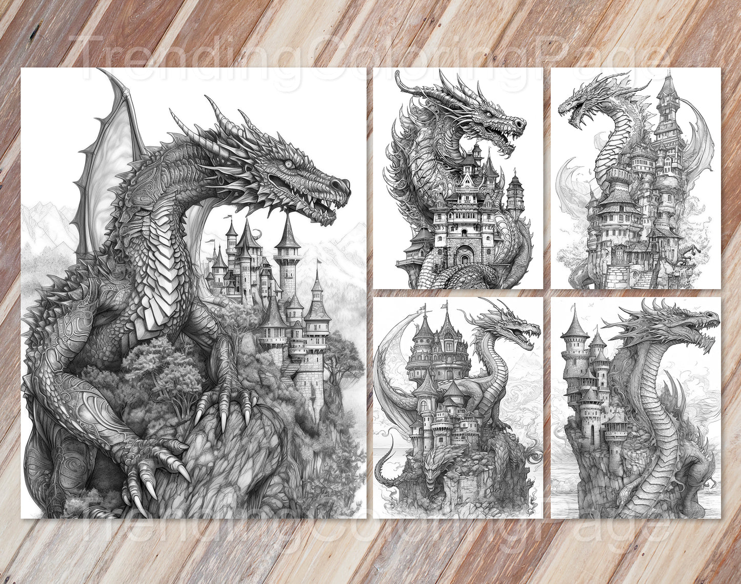 25 Dragon Castle Grayscale Coloring Pages - Instant Download - Printable PDF Dark/Light – preview 5