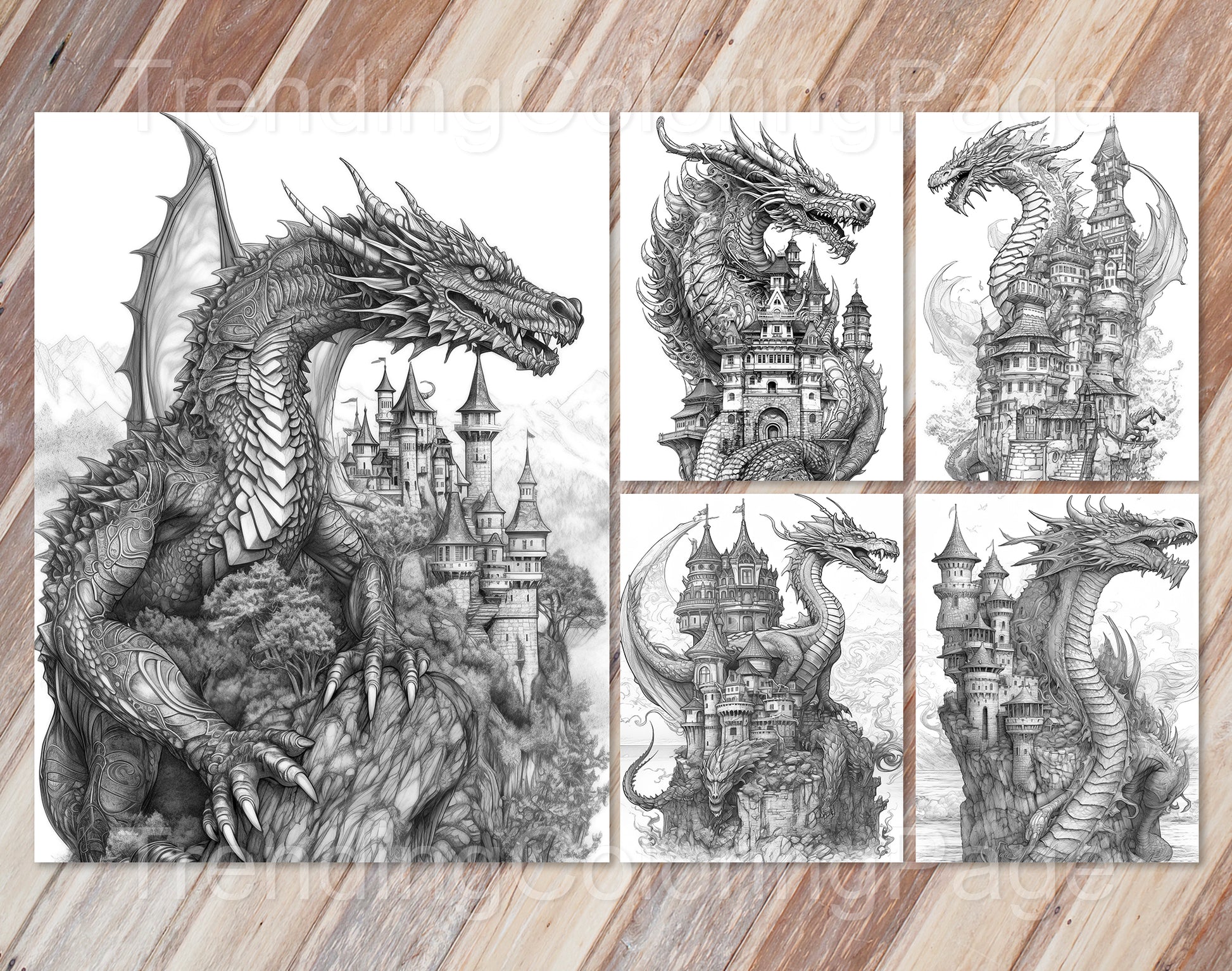 25 Dragon Castle Grayscale Coloring Pages - Instant Download - Printable PDF Dark/Light – preview 5