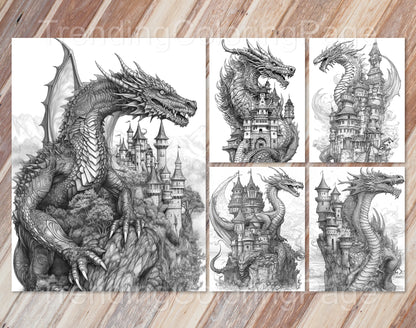 25 Dragon Castle Grayscale Coloring Pages - Instant Download - Printable PDF Dark/Light – preview 5