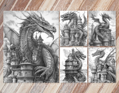 25 Dragon Castle Grayscale Coloring Pages - Instant Download - Printable PDF Dark/Light – preview 6