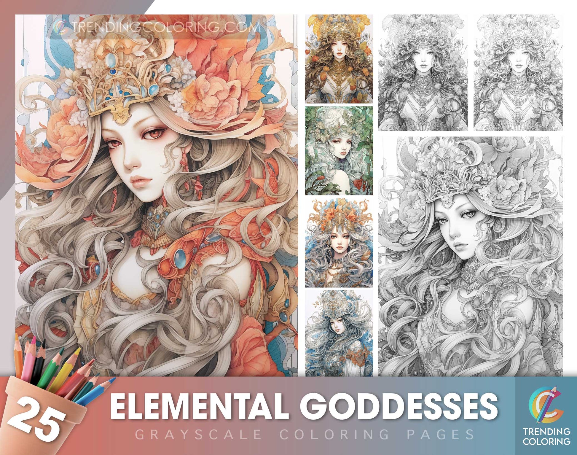 25 Elemental Goddesses Grayscale Coloring Pages - Instant Download - Printable PDF Dark/Light