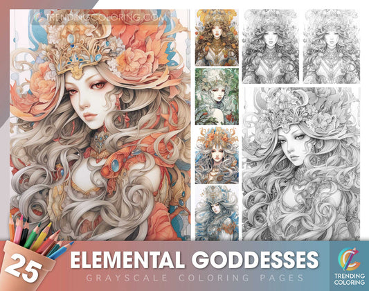 25 Elemental Goddesses Grayscale Coloring Pages - Instant Download - Printable PDF Dark/Light