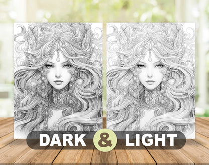 25 Elemental Goddesses Grayscale Coloring Pages - Instant Download - Printable PDF Dark/Light – preview 5