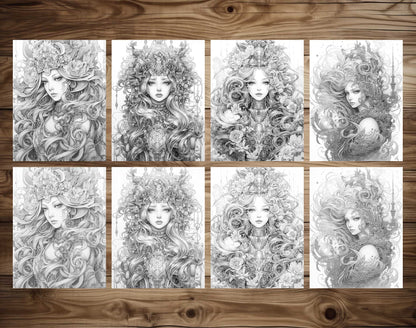 25 Elemental Goddesses Grayscale Coloring Pages - Instant Download - Printable PDF Dark/Light – preview 6