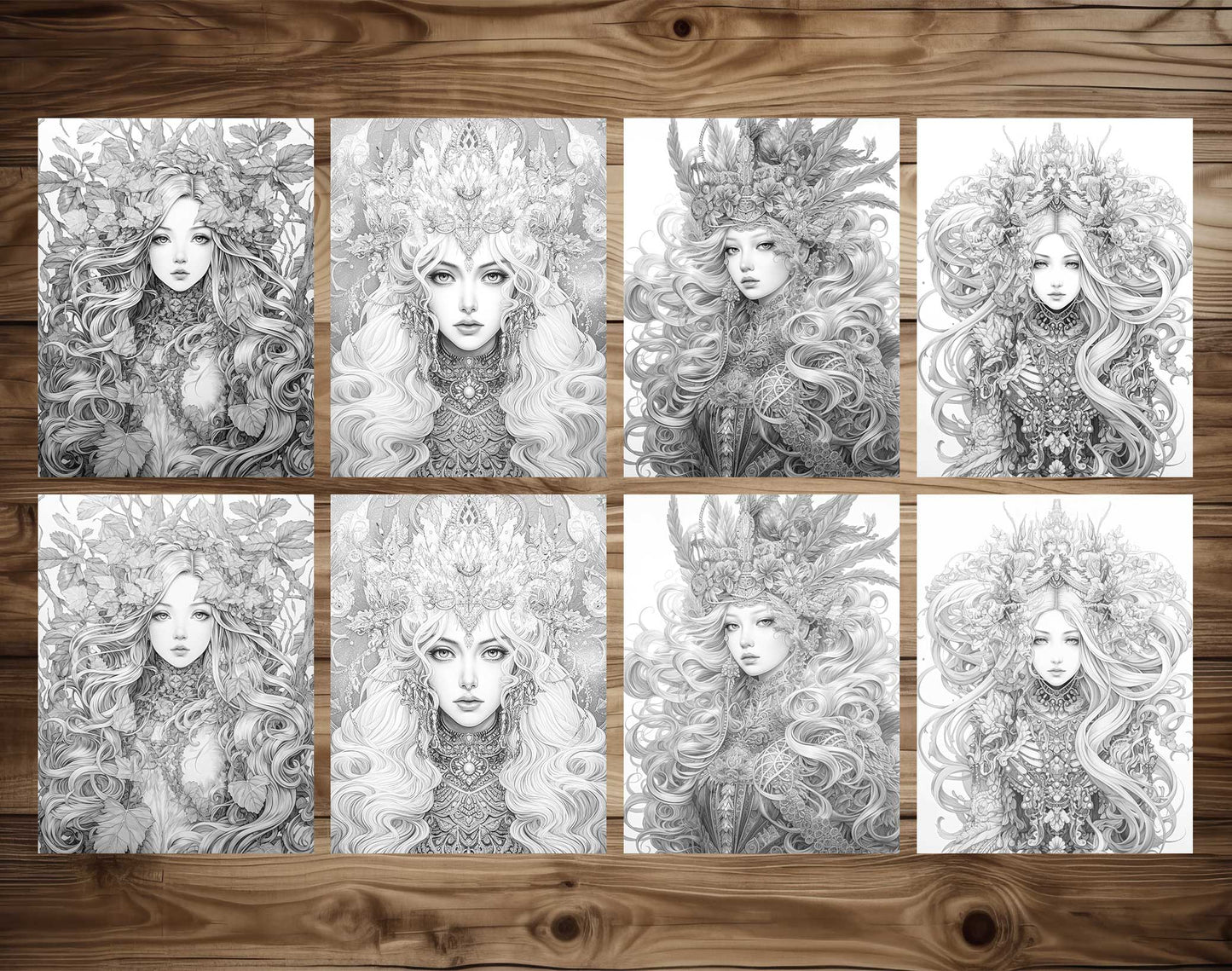 25 Elemental Goddesses Grayscale Coloring Pages - Instant Download - Printable PDF Dark/Light – preview 7