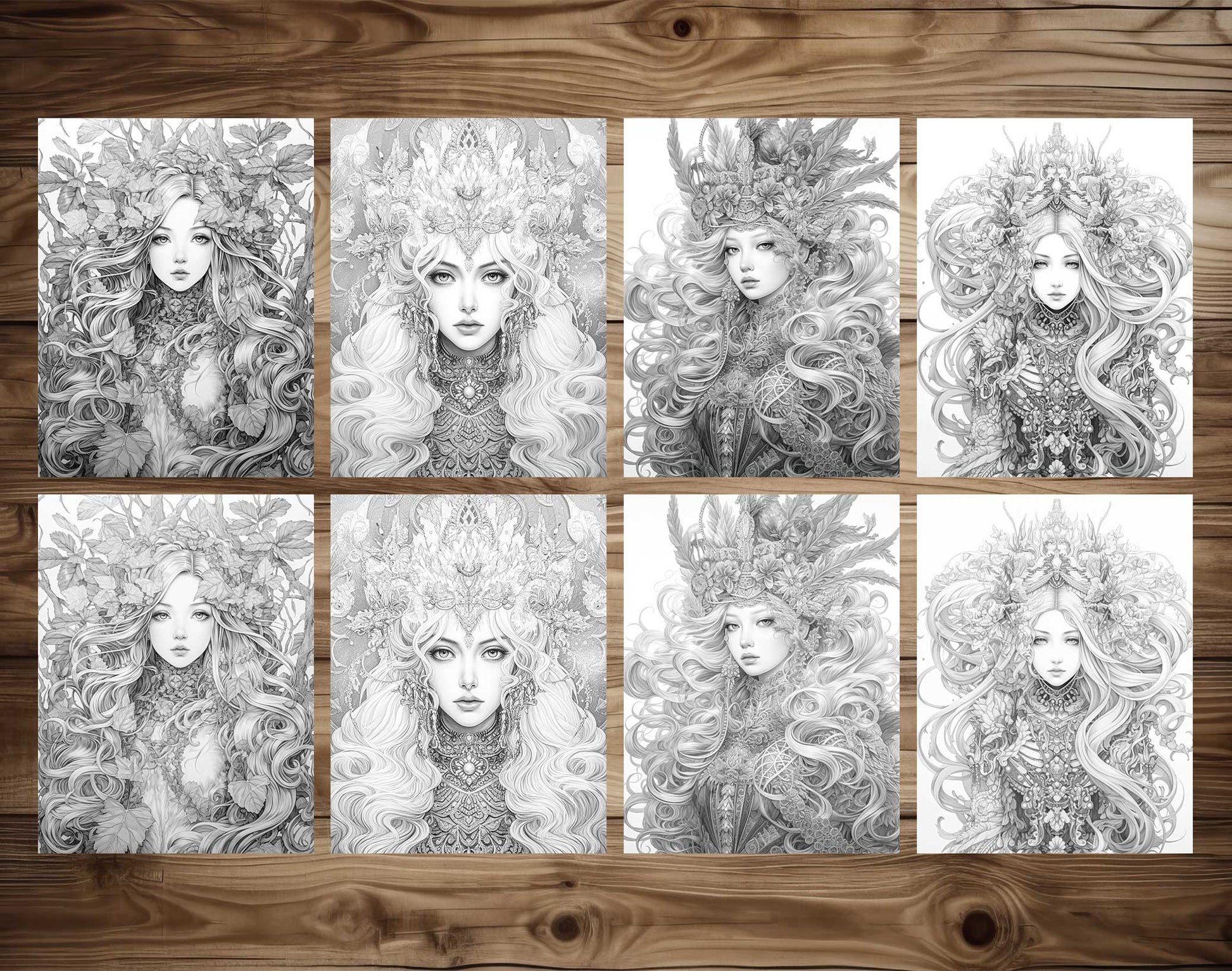25 Elemental Goddesses Grayscale Coloring Pages - Instant Download - Printable PDF Dark/Light – preview 7
