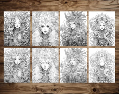 25 Elemental Goddesses Grayscale Coloring Pages - Instant Download - Printable PDF Dark/Light – preview 7