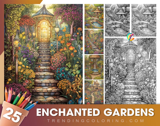 25 Enchanted Garden Grayscale Coloring Pages- Instant Download - Printable PDF