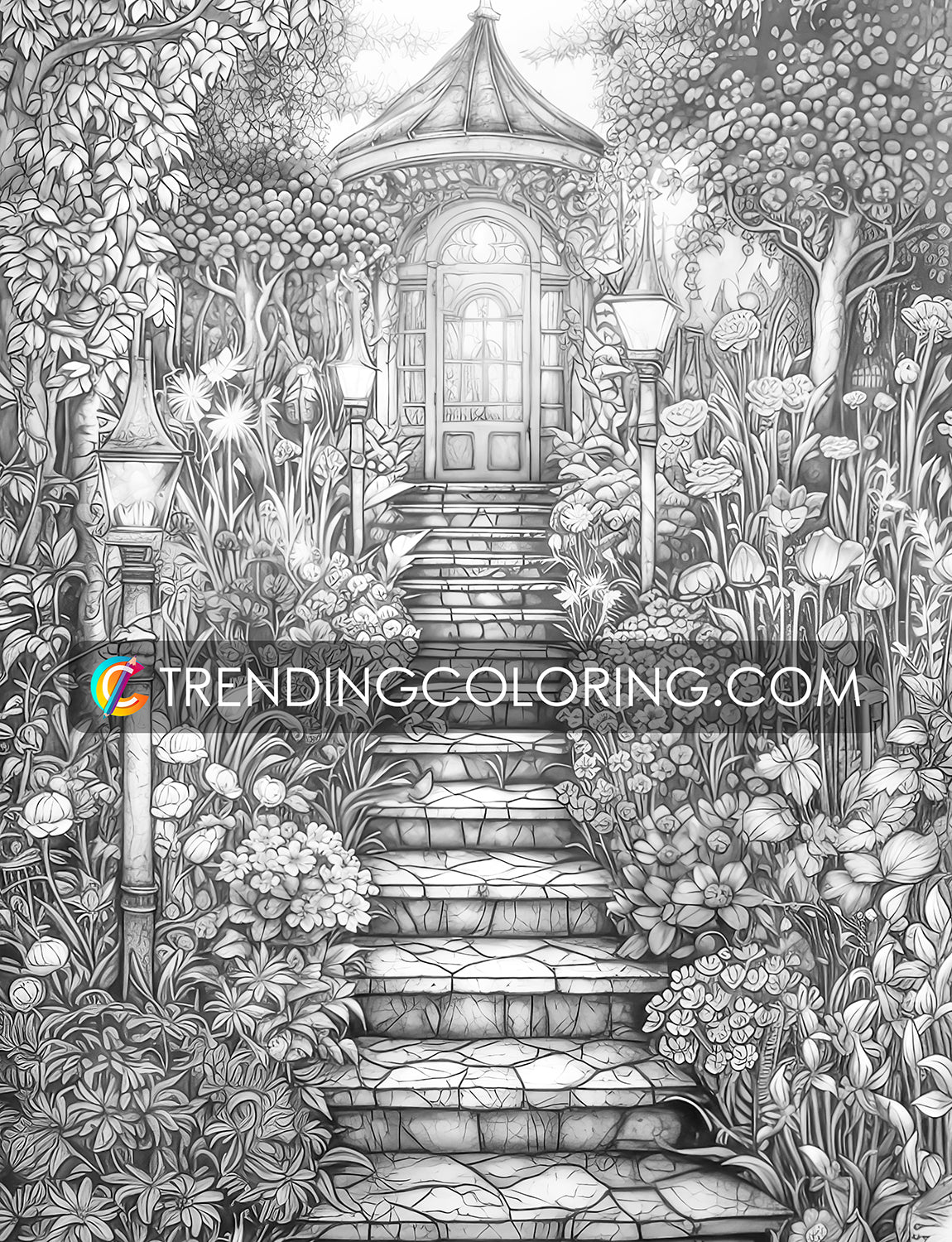 25 Enchanted Garden Grayscale Coloring Pages- Instant Download - Printable PDF – preview 5