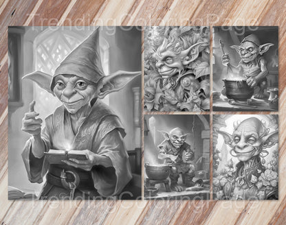 25 Enchanted Goblins Grayscale Coloring Pages- Instant Download - Printable PDF Dark/Light – preview 3