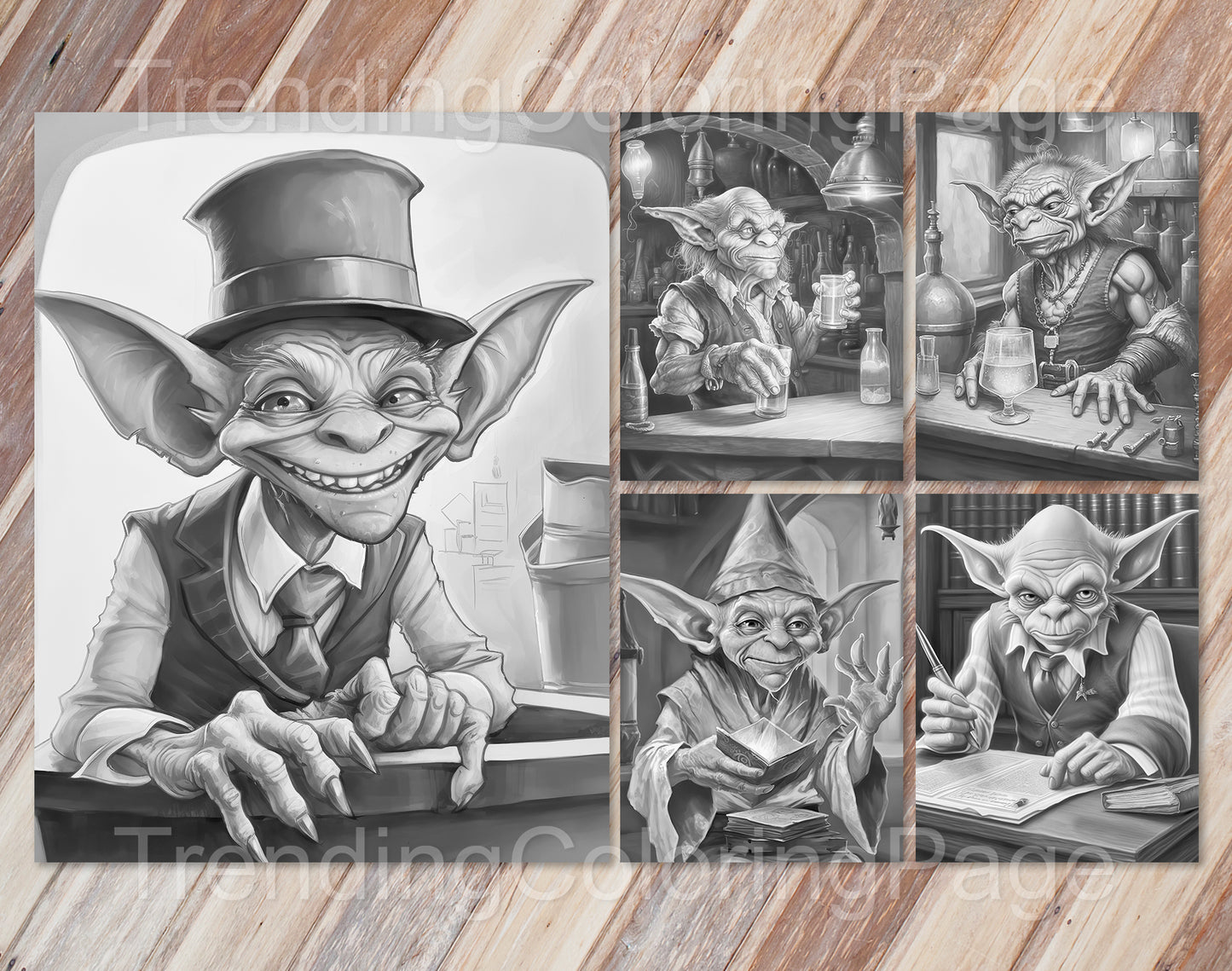 25 Enchanted Goblins Grayscale Coloring Pages- Instant Download - Printable PDF Dark/Light – preview 4