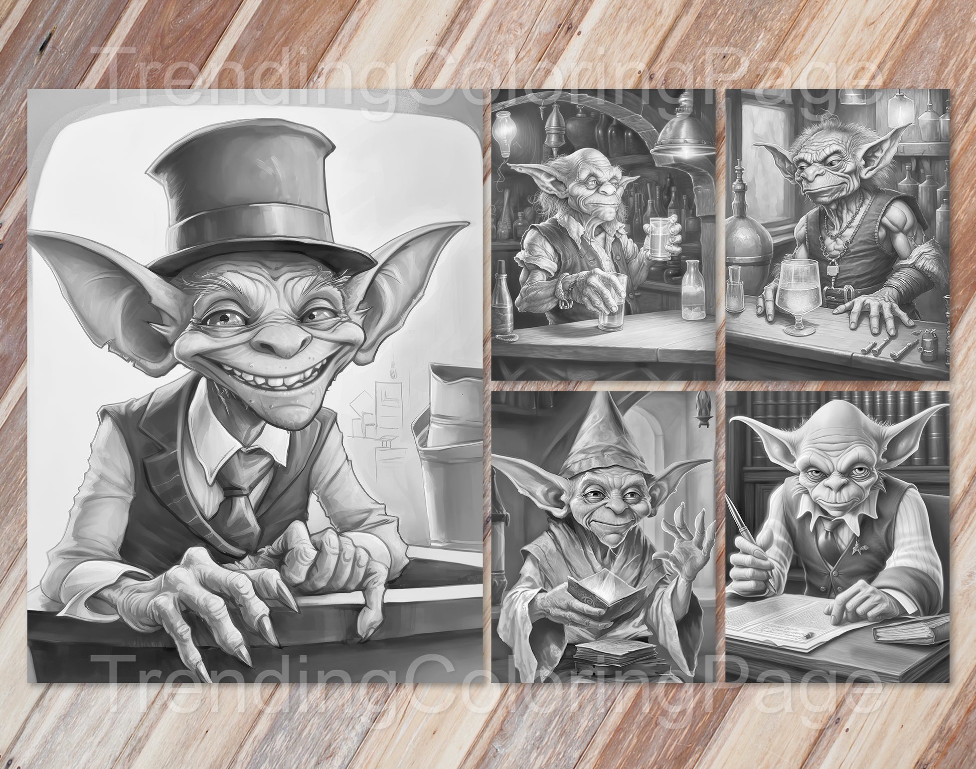 25 Enchanted Goblins Grayscale Coloring Pages- Instant Download - Printable PDF Dark/Light – preview 4