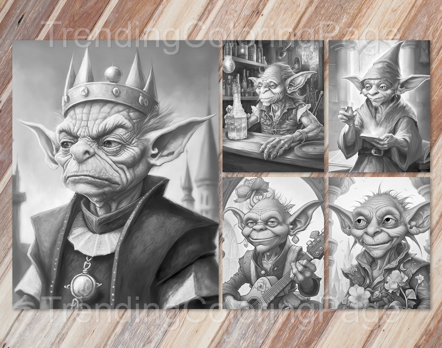 25 Enchanted Goblins Grayscale Coloring Pages- Instant Download - Printable PDF Dark/Light – preview 5