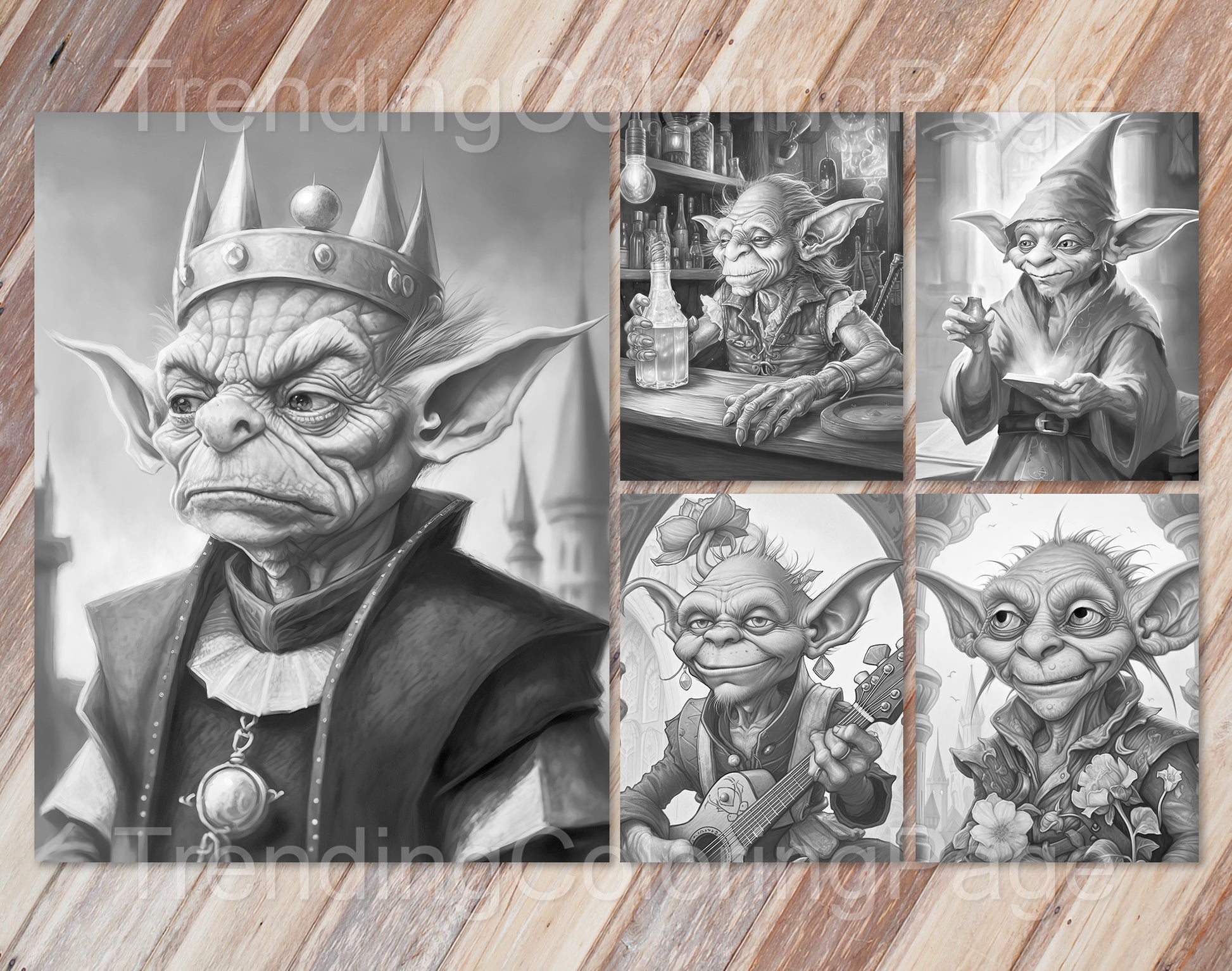 25 Enchanted Goblins Grayscale Coloring Pages- Instant Download - Printable PDF Dark/Light – preview 5
