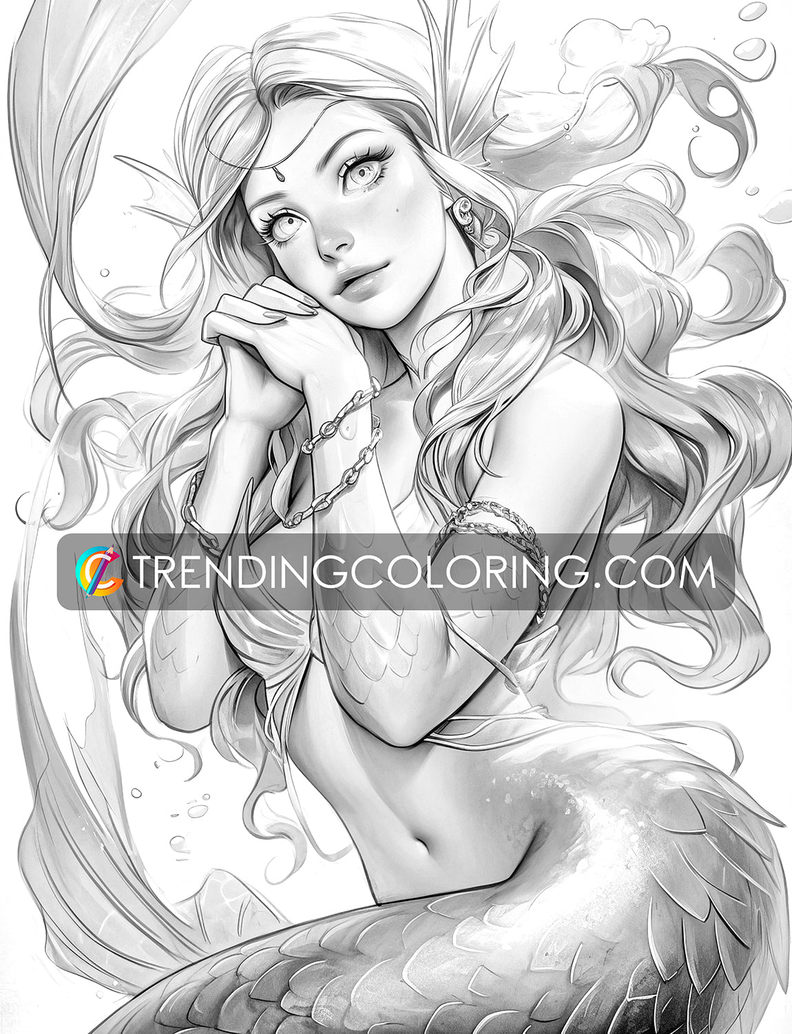 25 Enchanting Mermaid Dreams Grayscale Coloring Pages - Instant Download - Printable PDF – preview 6