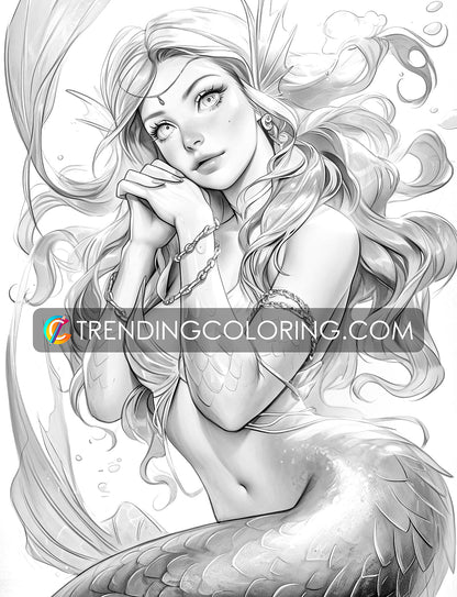 25 Enchanting Mermaid Dreams Grayscale Coloring Pages - Instant Download - Printable PDF – preview 6