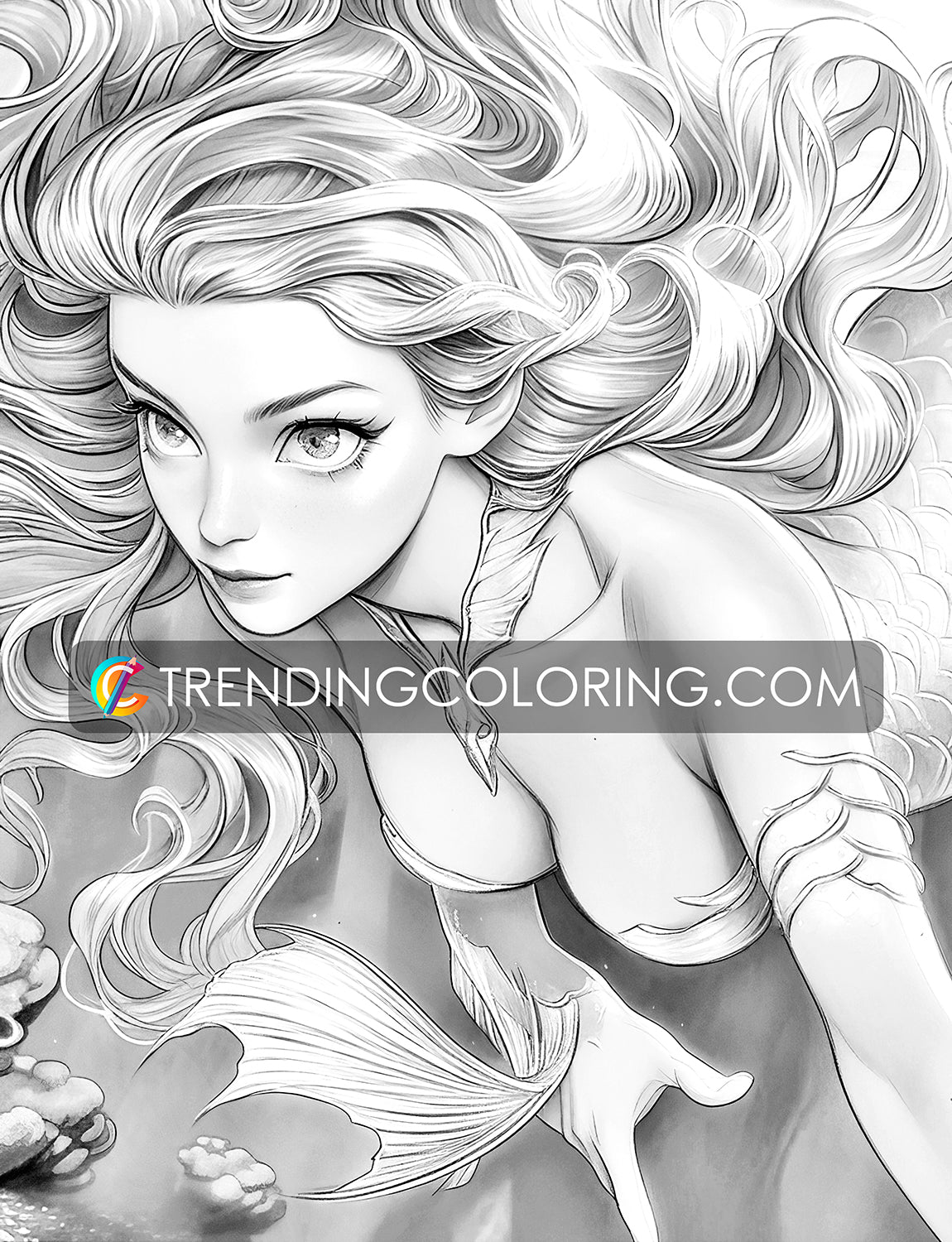 25 Enchanting Mermaid Dreams Grayscale Coloring Pages - Instant Download - Printable PDF – preview 8