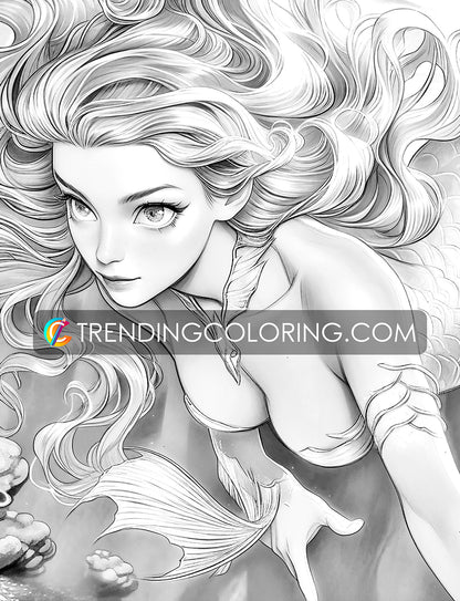 25 Enchanting Mermaid Dreams Grayscale Coloring Pages - Instant Download - Printable PDF – preview 8
