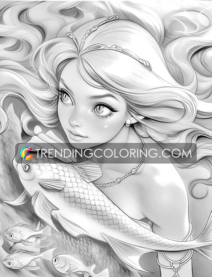 25 Enchanting Mermaid Dreams Grayscale Coloring Pages - Instant Download - Printable PDF – preview 9