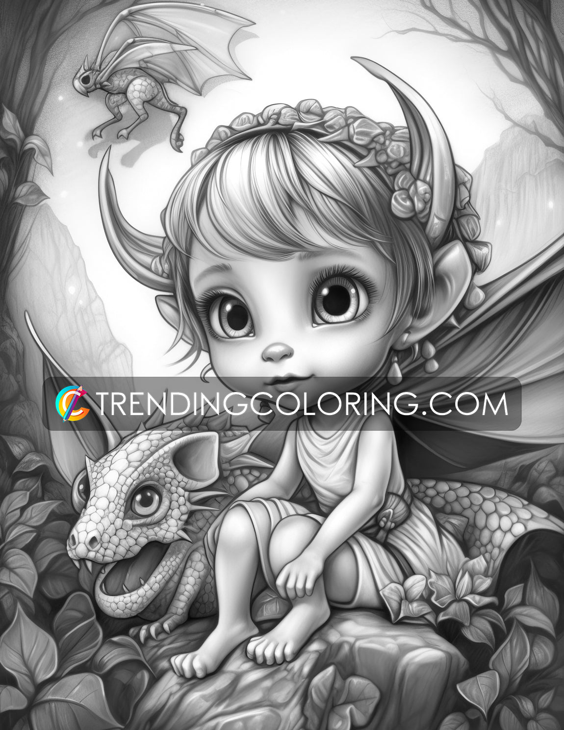 25 Fairies & Dragons Grayscale Coloring Pages - Instant Download - Printable PDF – preview 10