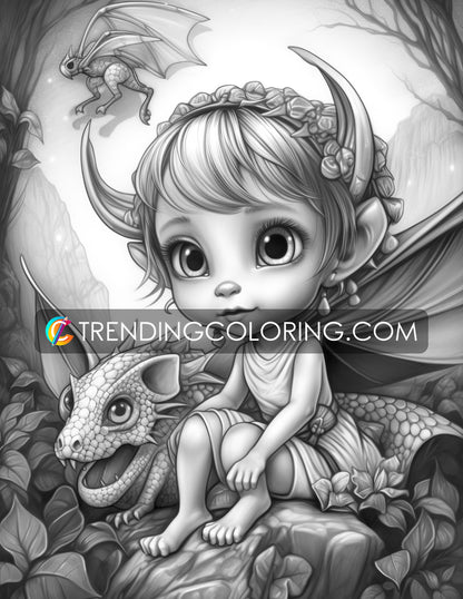 25 Fairies & Dragons Grayscale Coloring Pages - Instant Download - Printable PDF – preview 10