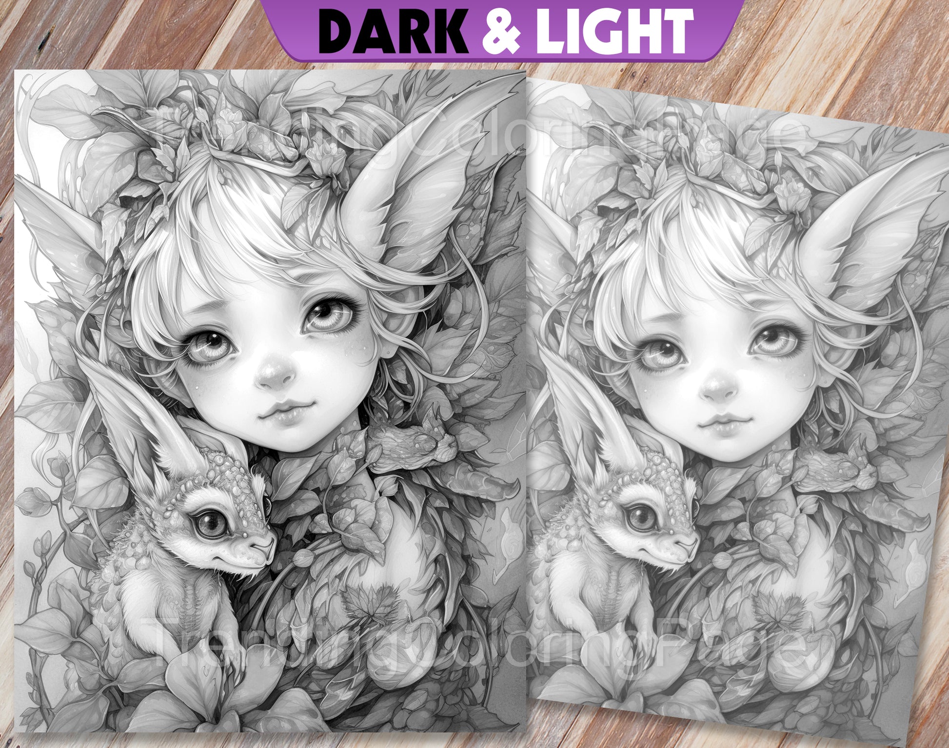 25 Fairies & Dragons Grayscale Coloring Pages - Instant Download - Printable PDF – preview 2
