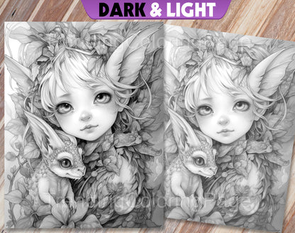 25 Fairies & Dragons Grayscale Coloring Pages - Instant Download - Printable PDF – preview 2