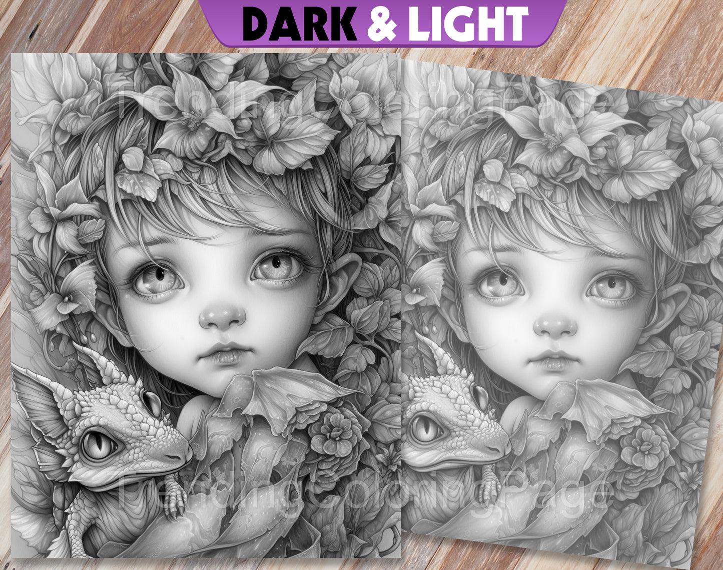 25 Fairies & Dragons Grayscale Coloring Pages - Instant Download - Printable PDF – preview 3