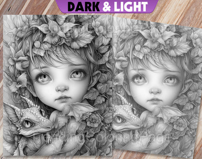 25 Fairies & Dragons Grayscale Coloring Pages - Instant Download - Printable PDF – preview 3