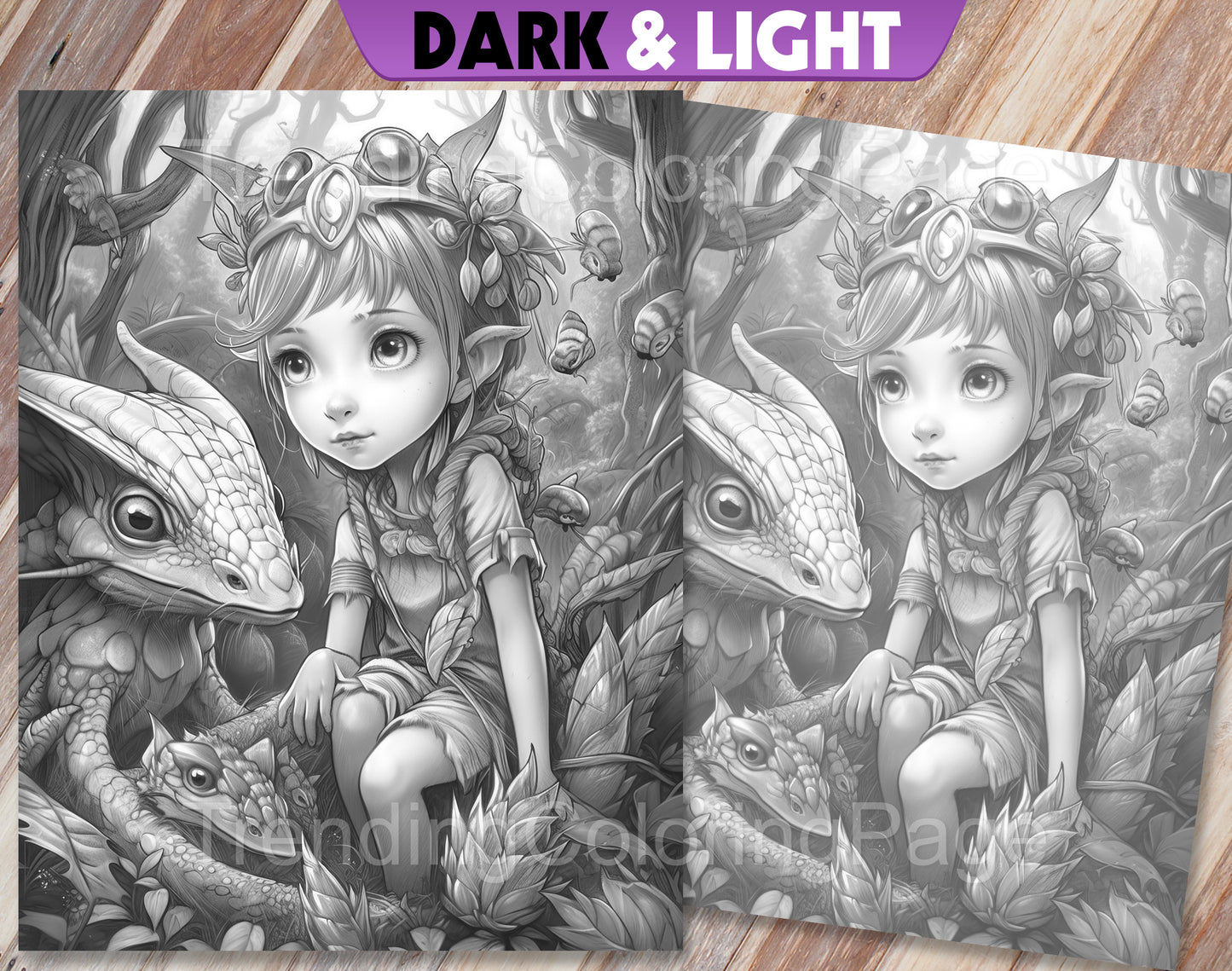25 Fairies & Dragons Grayscale Coloring Pages - Instant Download - Printable PDF – preview 4