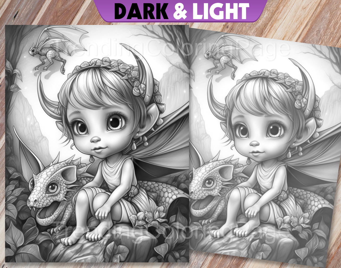 25 Fairies & Dragons Grayscale Coloring Pages - Instant Download - Printable PDF – preview 5