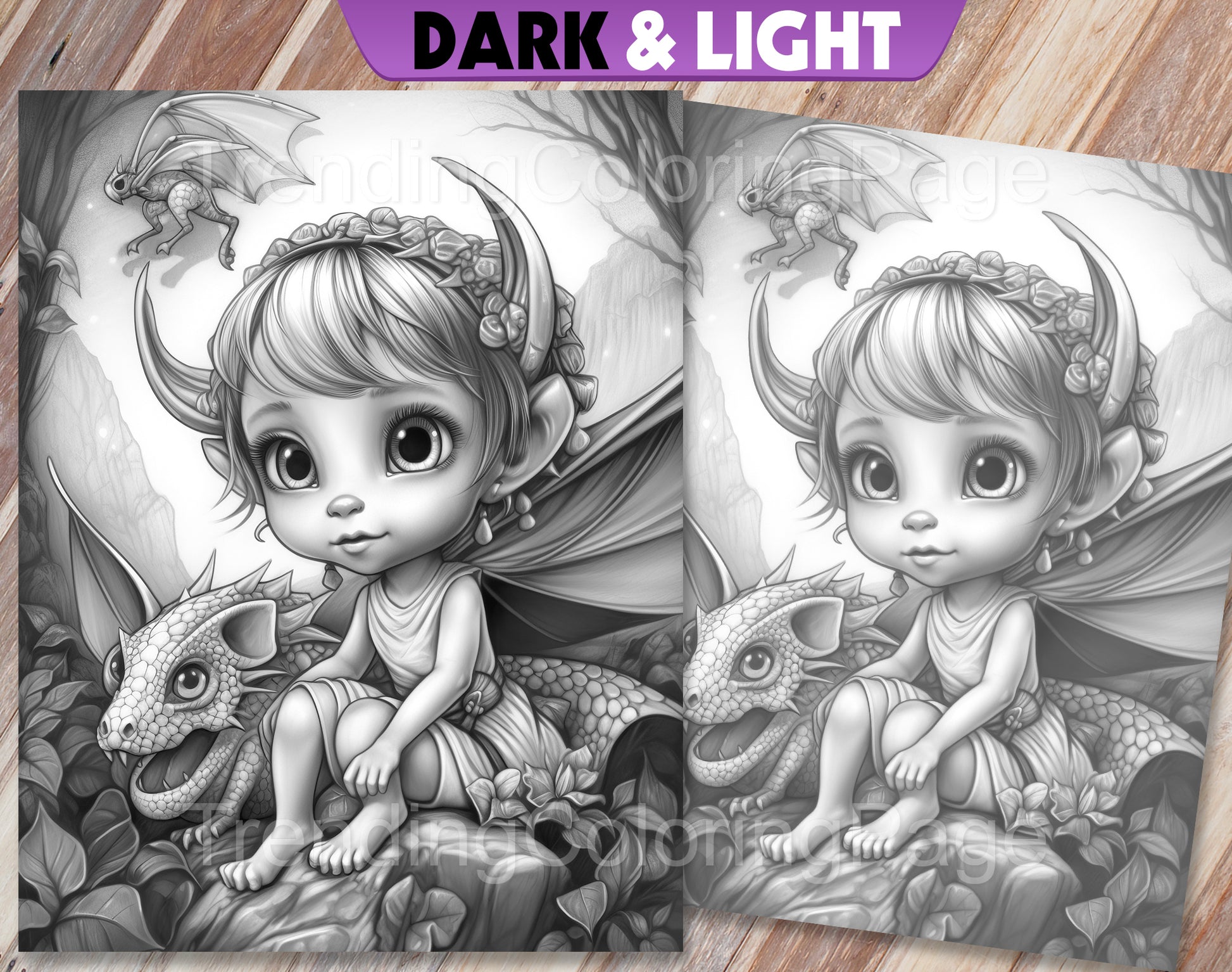 25 Fairies & Dragons Grayscale Coloring Pages - Instant Download - Printable PDF – preview 5