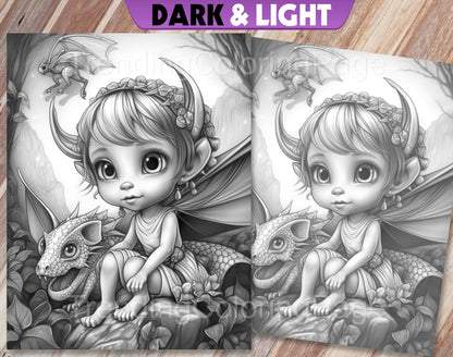 25 Fairies & Dragons Grayscale Coloring Pages - Instant Download - Printable PDF – preview 5