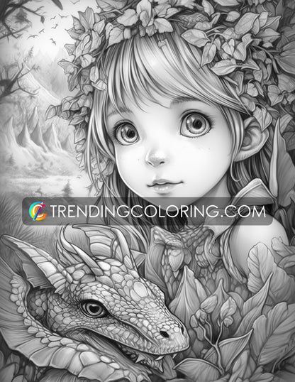 25 Fairies & Dragons Grayscale Coloring Pages - Instant Download - Printable PDF – preview 6