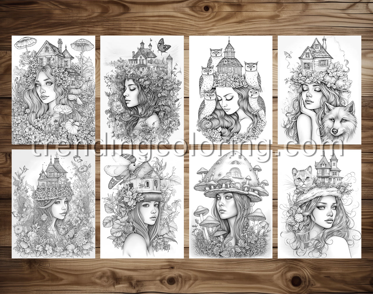 25 Fairy Crowned Beauty Grayscale Coloring Pages - Instant Download - Printable PDF Dark/Light – preview 10