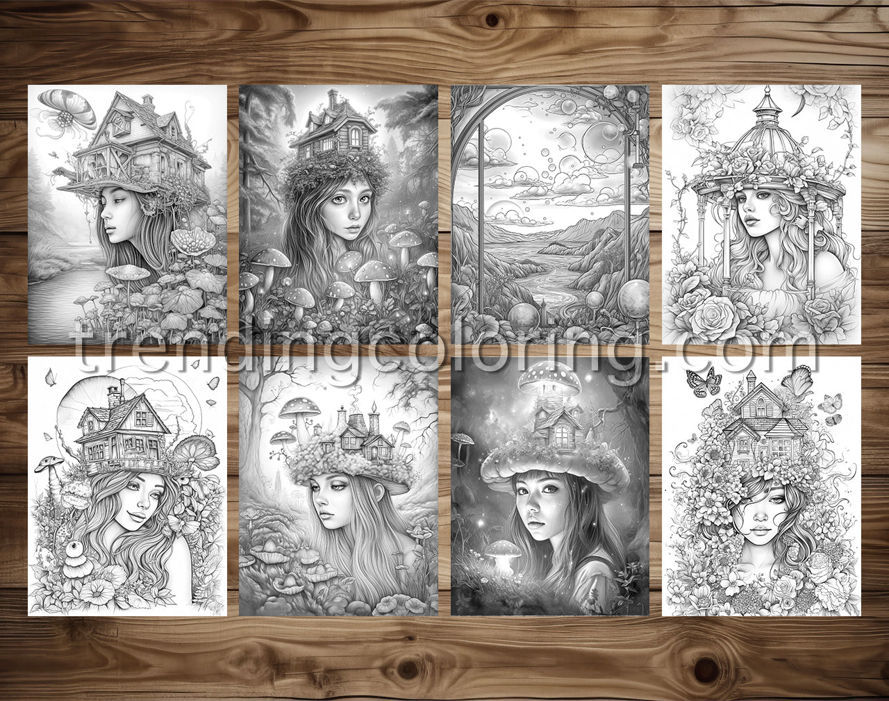 25 Fairy Crowned Beauty Grayscale Coloring Pages - Instant Download - Printable PDF Dark/Light – preview 11