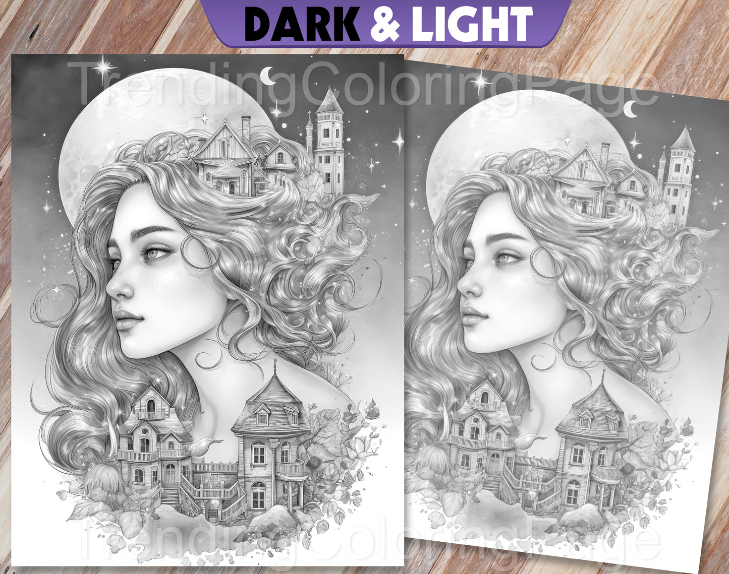 25 Fairy Crowned Beauty Grayscale Coloring Pages - Instant Download - Printable PDF Dark/Light – preview 3