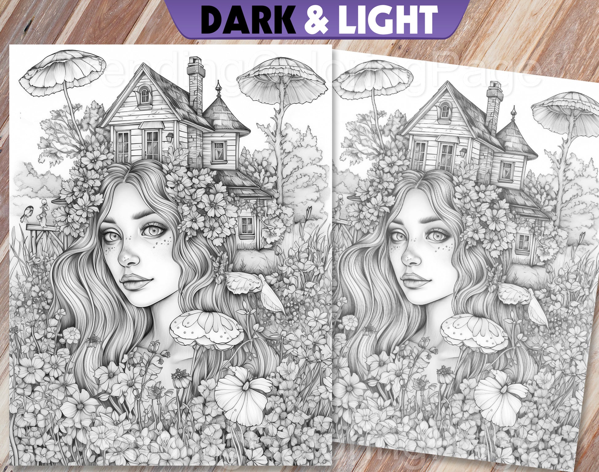 25 Fairy Crowned Beauty Grayscale Coloring Pages - Instant Download - Printable PDF Dark/Light – preview 4