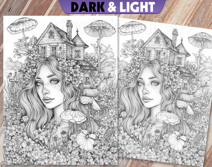 25 Fairy Crowned Beauty Grayscale Coloring Pages - Instant Download - Printable PDF Dark/Light – preview 4